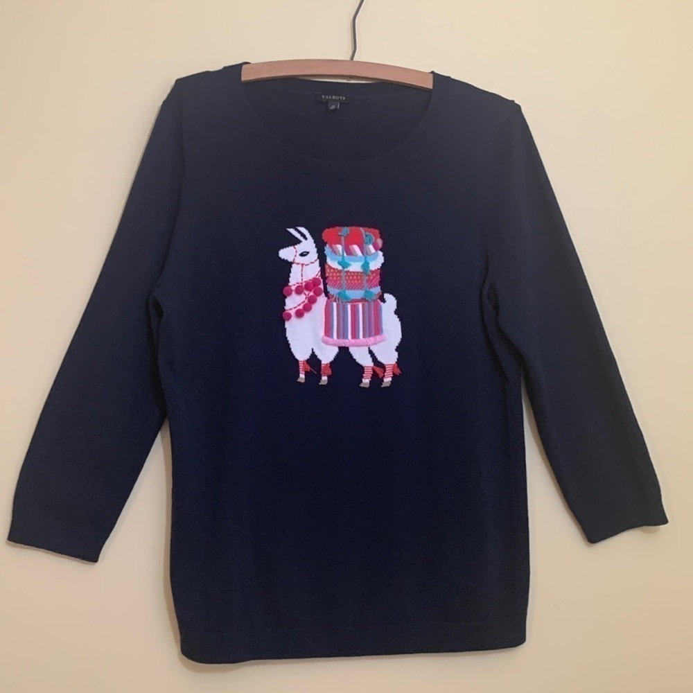 Talbots | Blue Llama Embroidered Pom Pom 3 D Knit Pullover Fun Sweater M - Picture 3 of 17
